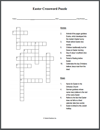 Second grade student solving a colorful Easter crossword puzzle worksheet with holiday themed clues