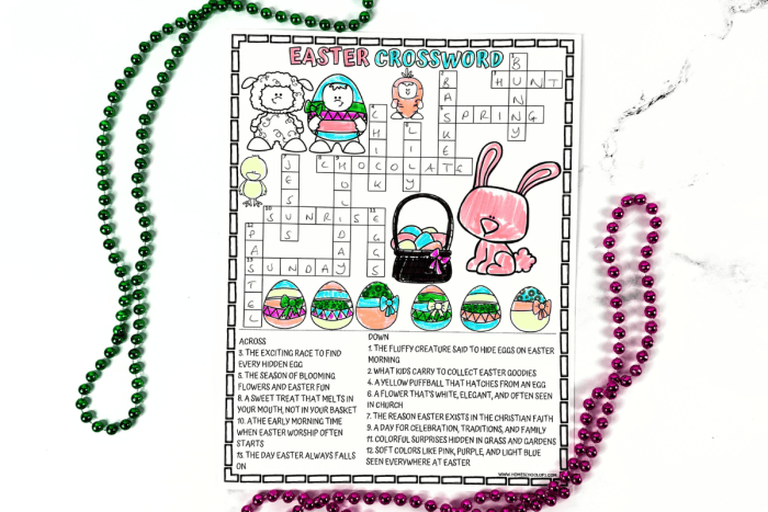 Second grade Easter crossword puzzle for kids worksheet featuring holiday themed words