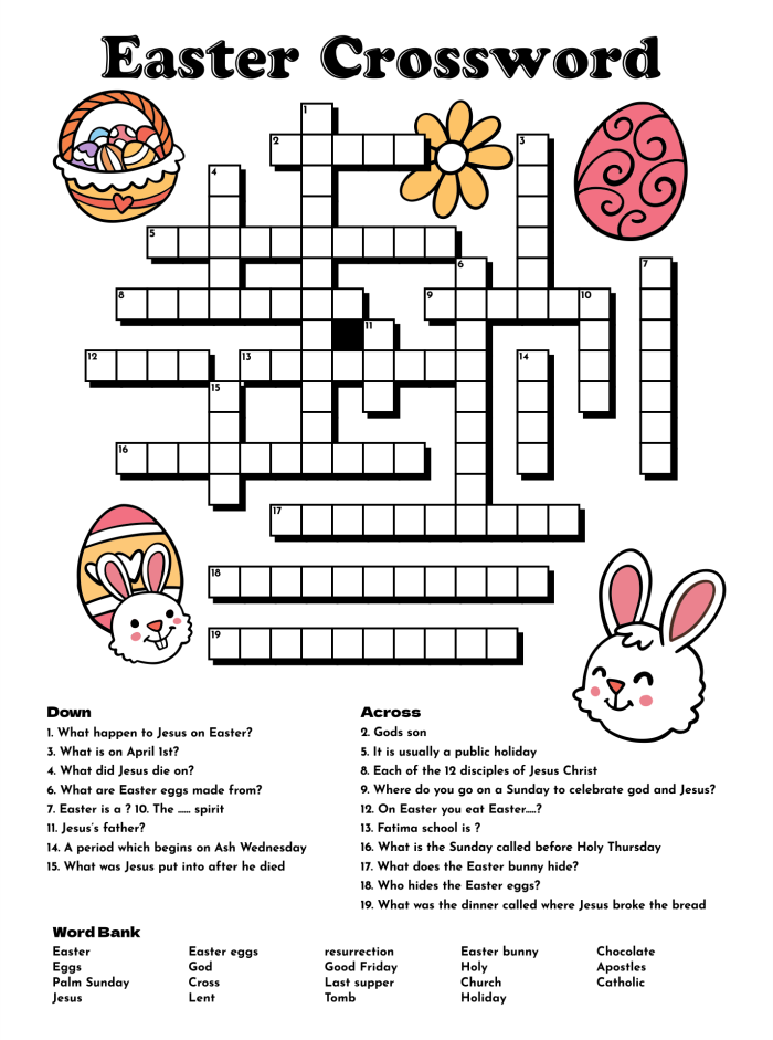 Colorful Easter-themed crossword puzzle worksheet for second grade students with Easter-related word clues