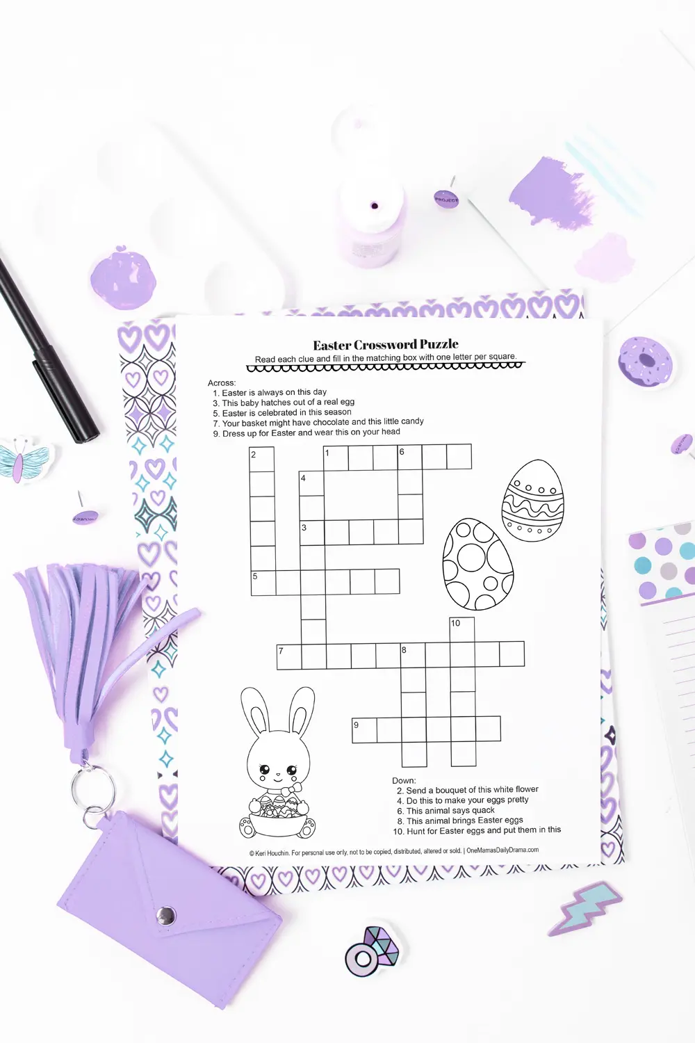 Second grade student solving a colorful Easter Crossword Puzzle for Kids worksheet number ten