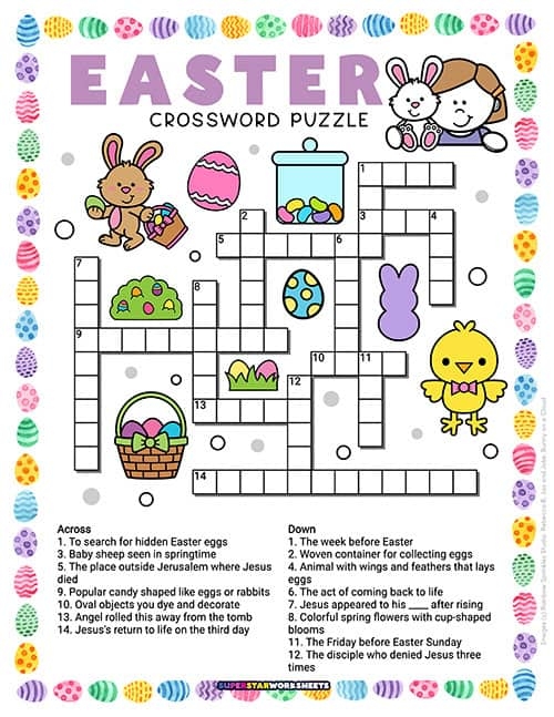 Kindergarten student solving an Easter themed crossword puzzle worksheet with colorful holiday illustrations