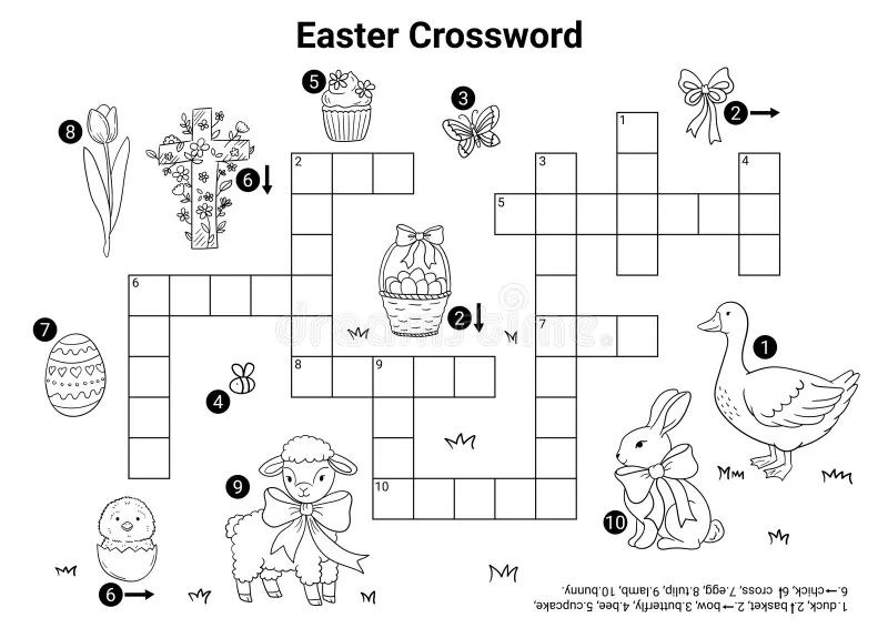 Colorful Easter crossword puzzle worksheet designed for kindergarten kids to enjoy. Engaging and simple crossword activity for young learners.