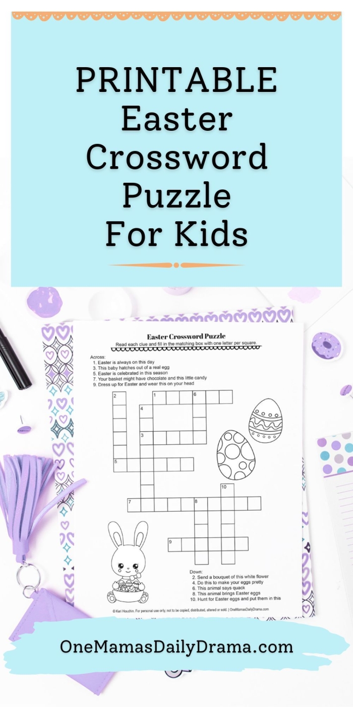 Colorful Easter-themed crossword puzzle worksheet with hints for second grade students to solve spring holiday vocabulary words