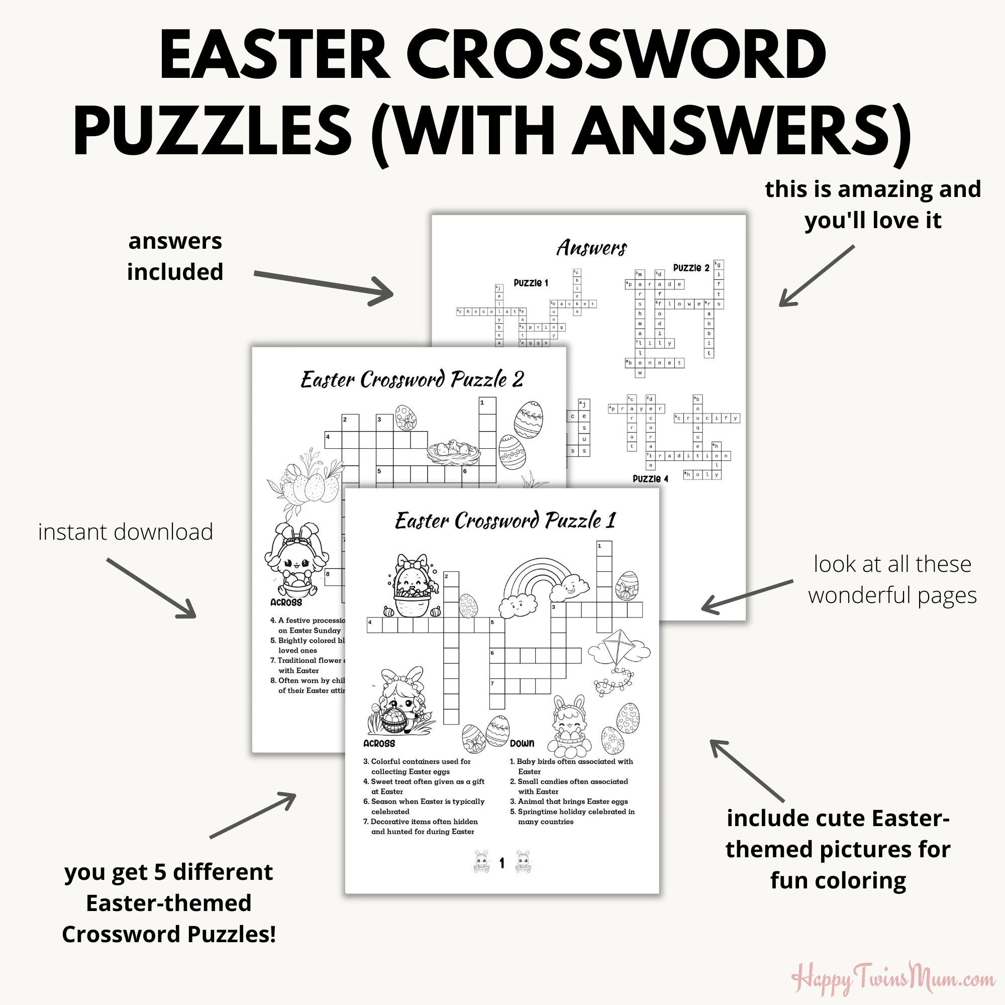 Colorful Easter-themed crossword puzzle worksheet with hints for second grade students to solve spring holiday vocabulary