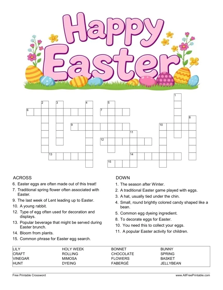 Second grade students solving an Easter-themed crossword puzzle with spring holiday vocabulary words