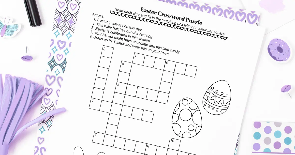 Colorful Easter-themed crossword puzzle worksheet for second grade students with word hints and Easter-related vocabulary