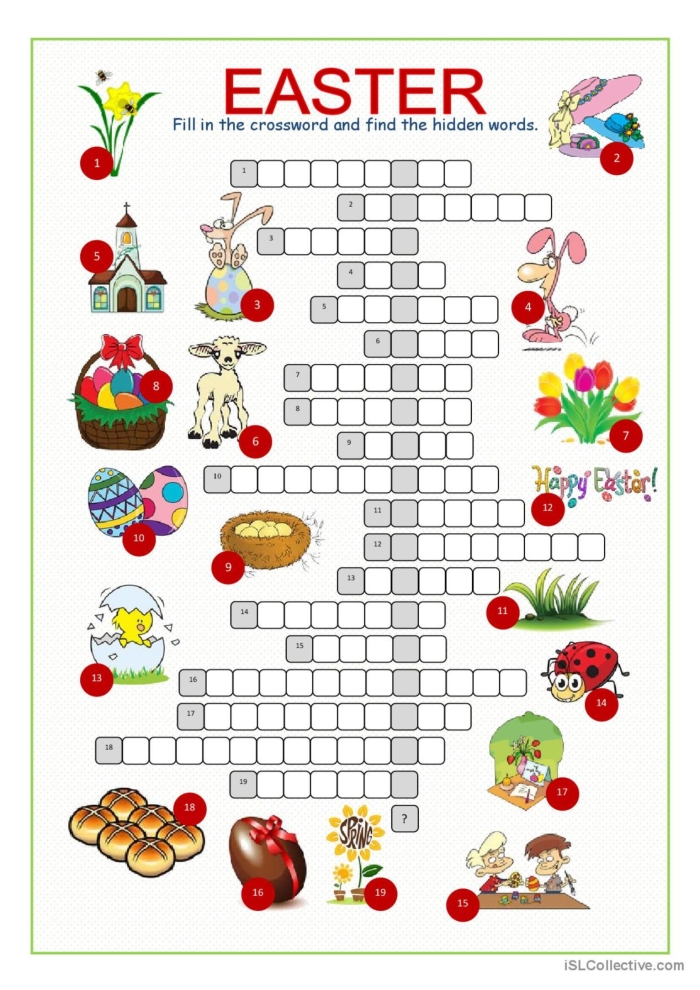 Colorful Easter crossword puzzle worksheet with blank squares and hint clues for second grade students to complete
