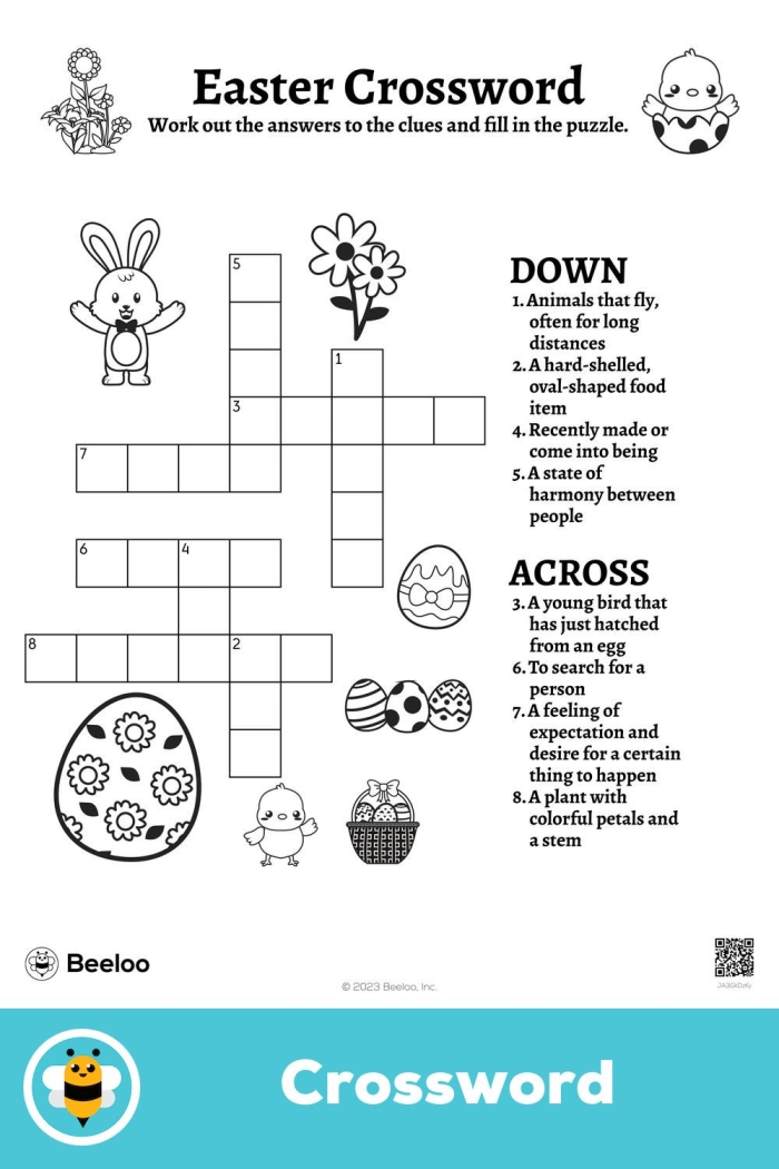 Colorful Easter crossword puzzle worksheet with hints for second grade students to solve Easter-themed words