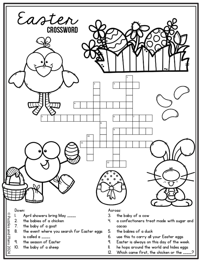 A colorful Easter crossword puzzle worksheet for second graders with Easter-themed word clues