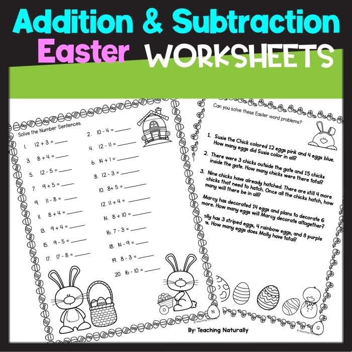 Colorful Easter eggs with simple addition problems scattered throughout a yard for first grade math practice