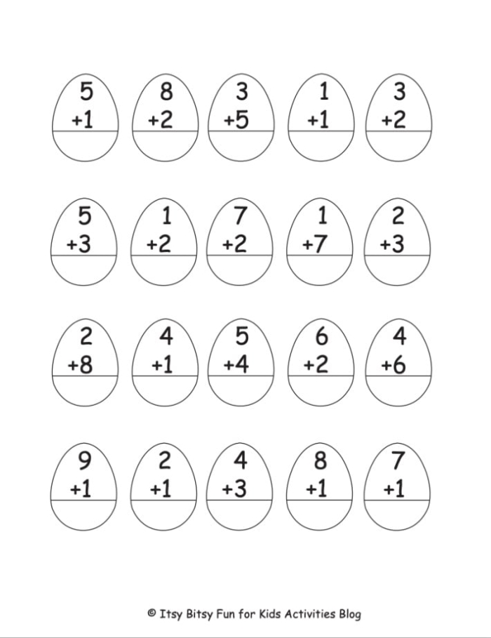 Colorful Easter eggs with simple addition problems scattered throughout a sunny yard for first grade math practice