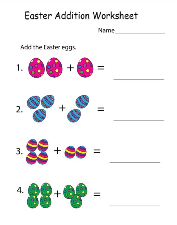 Easter Math Egg Basket Addition Worksheet 17 Kindergarten student solving Easter egg basket addition problems on a printable worksheet