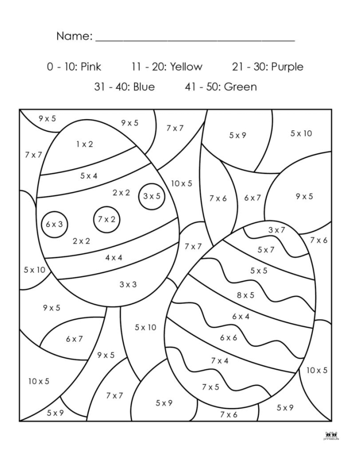 Color-by-number worksheet featuring an Easter egg basket for kindergarten students