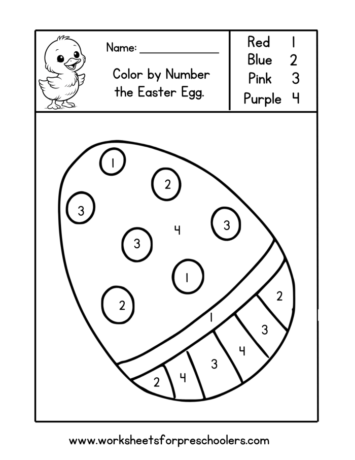 Easter Egg Basket color by number worksheet for kindergarten geometry practice