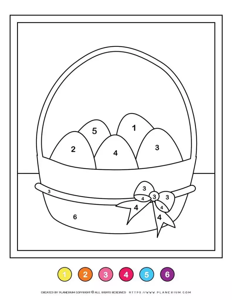 Kindergarten student coloring a festive Easter egg basket worksheet labeled with color by number tasks
