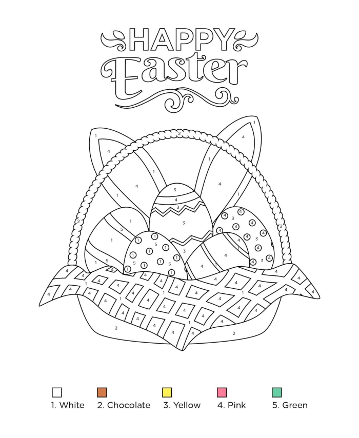 Easter Egg Basket Color by Number worksheet for kindergarten geometry practice