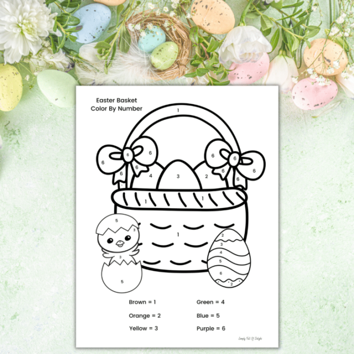 Kindergarten color by number worksheet featuring a geometric Easter egg basket design
