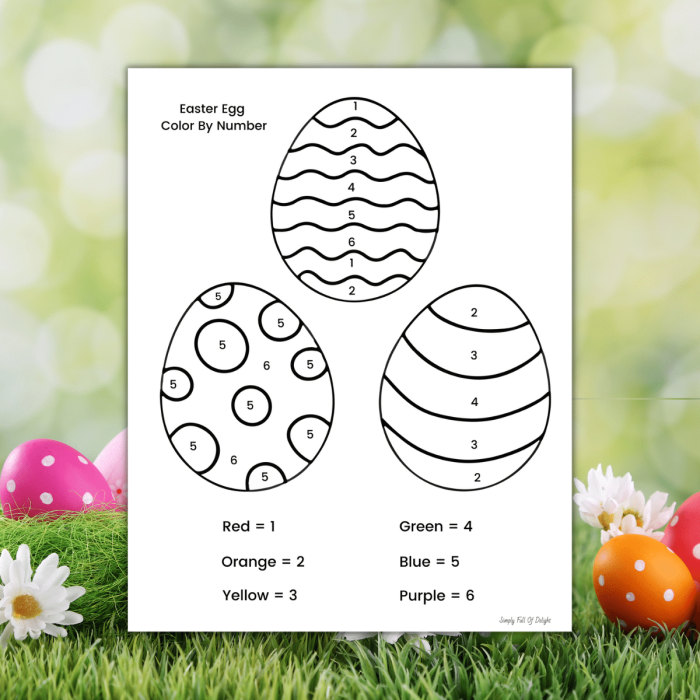 Kindergarten geometry worksheet featuring an Easter egg basket designed for color by number practice