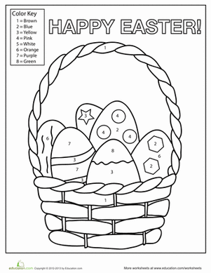 Kindergarten student working on an Easter Egg Color by Number worksheet for grammar practice