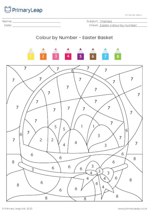 Kindergarten students coloring an Easter egg basket using a color by number system
