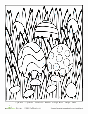 Color by number worksheet featuring Easter eggs for kindergarten students
