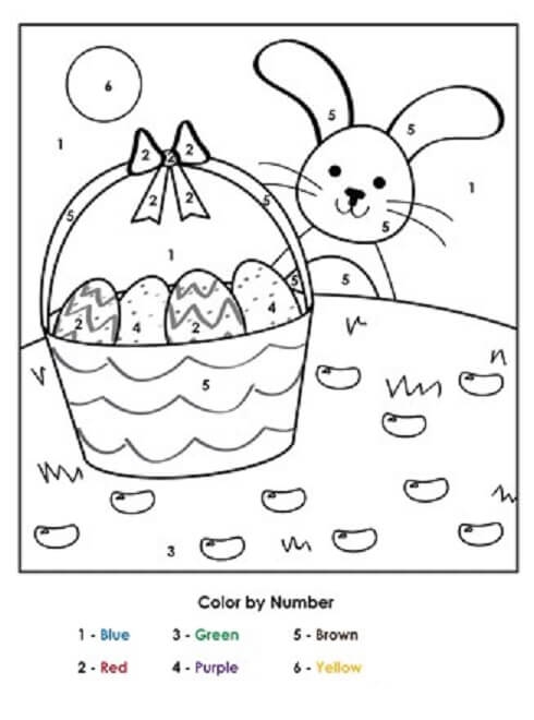 Easter Egg Basket Color by Number worksheet for kindergarten geometry practice