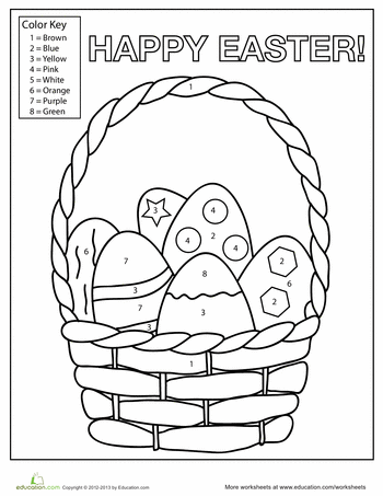 Easter Egg Basket color-by-number worksheet for kindergarten geometry practice