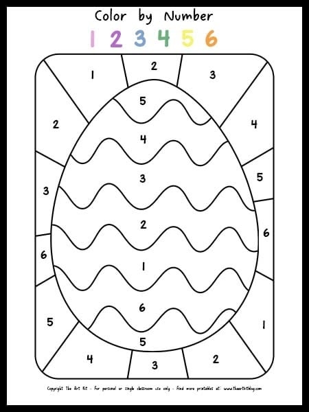 Kindergarten student coloring an Easter egg by number worksheet to practice grammar and mechanics