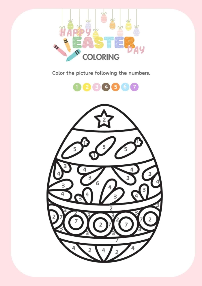 Kindergarten Easter egg color by number worksheet for grammar and mechanics practice