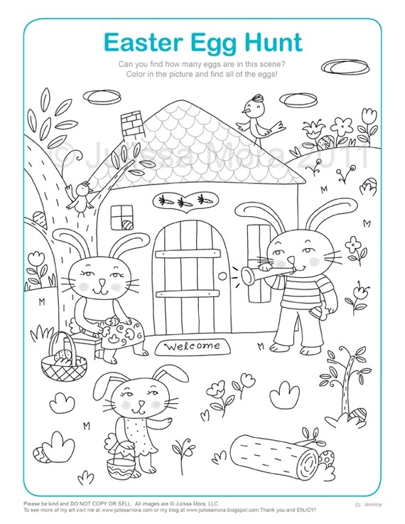 A kindergarten student coloring Easter eggs hidden throughout a fun hunt scene with spring flowers and grass