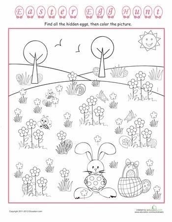Kindergarten student coloring a worksheet featuring a hidden Easter egg scavenger hunt activity