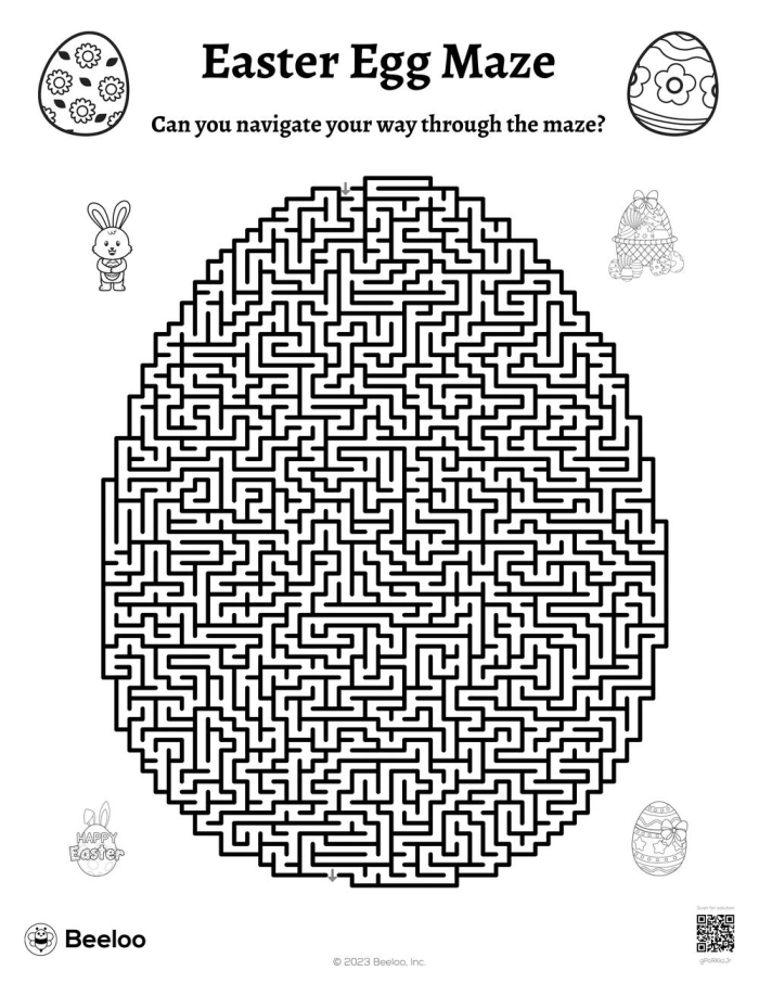A colorful Easter egg maze puzzle designed for first grade students to trace a path from start to finish