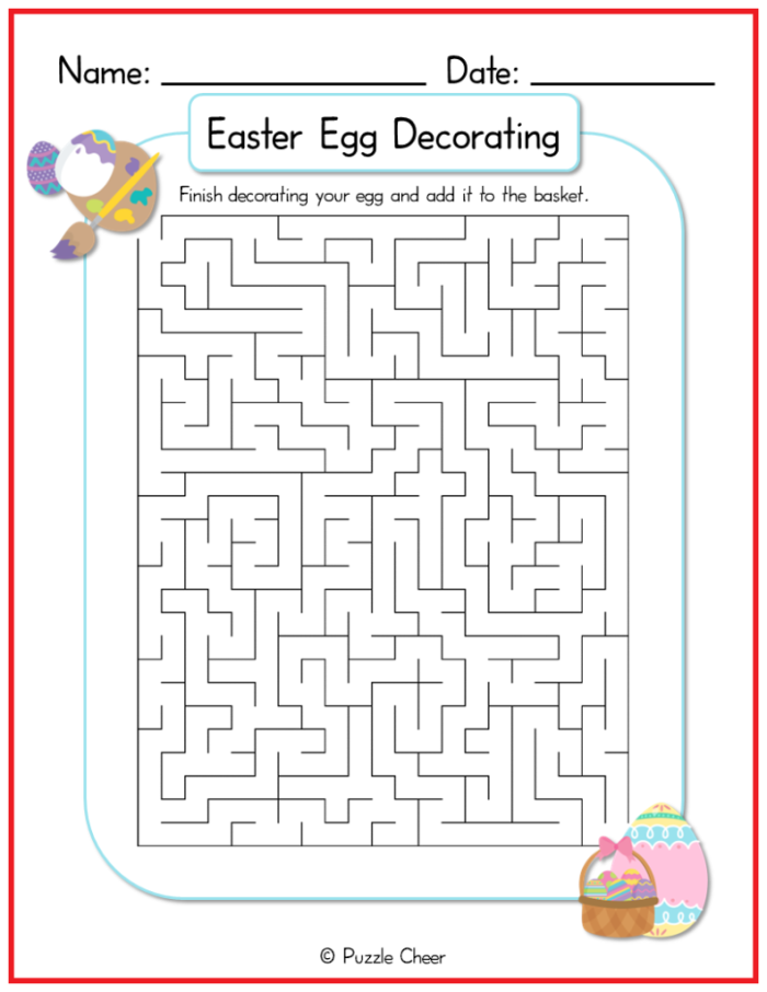 A young child traces a path through a colorful Easter egg maze worksheet activity