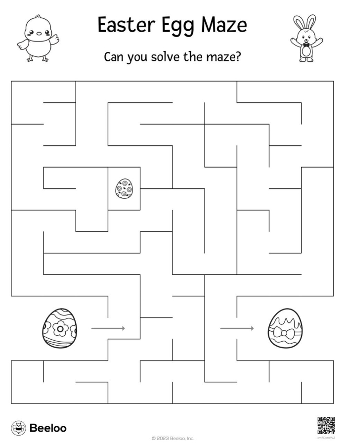 Easter Egg Maze Puzzle 18 for Kindergarten Phonics Practice A kindergarten child tracing a path through an Easter egg maze with bunny and spring decorations