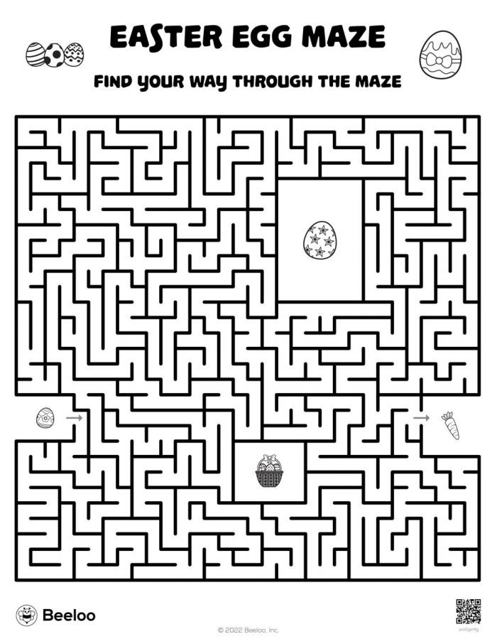 A colorful Easter egg maze puzzle designed for first grade students to trace a path from start to finish