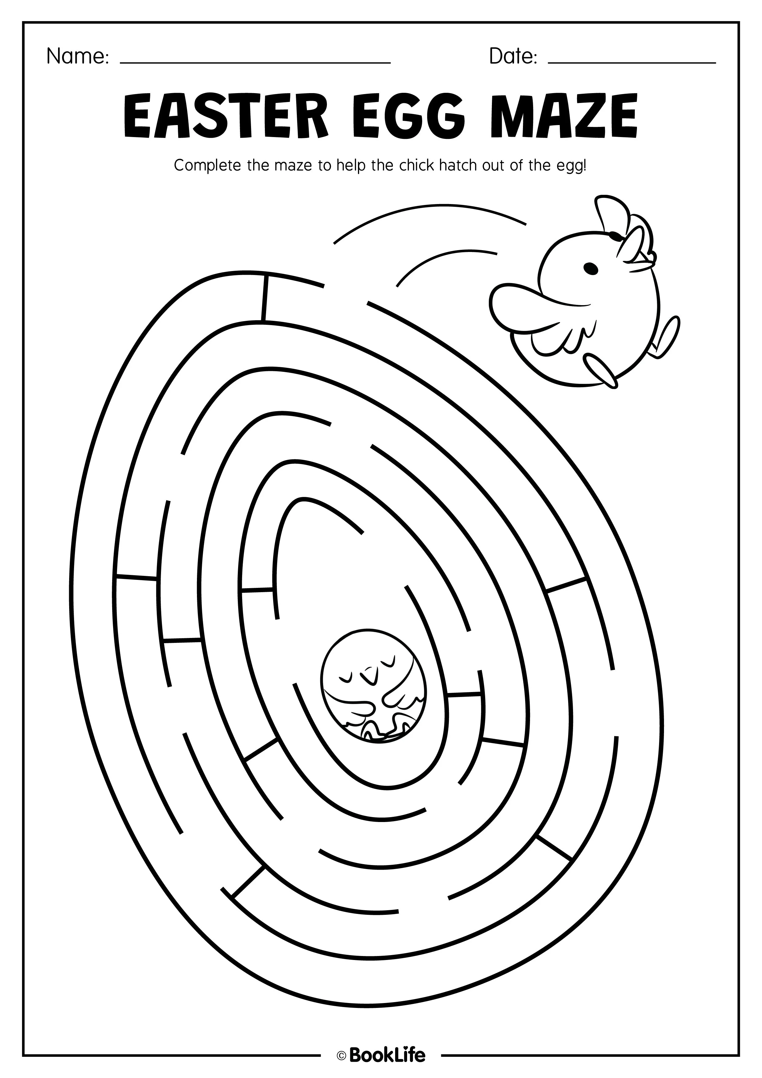 Easter Egg Maze Worksheet 4: Interactive Problem Solving Activity for Early Learners A child's hand tracing a path through a colorful Easter egg maze puzzle with spring decorations and a bunny theme for kindergarten phonics practice