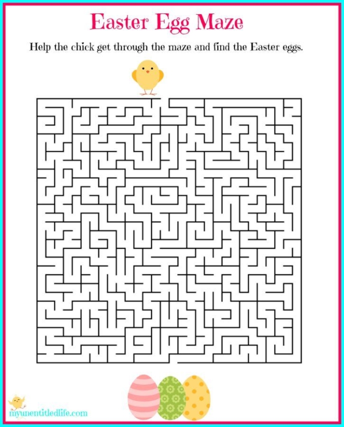 A colorful Easter egg maze puzzle designed for first grade students to trace a path from start to finish
