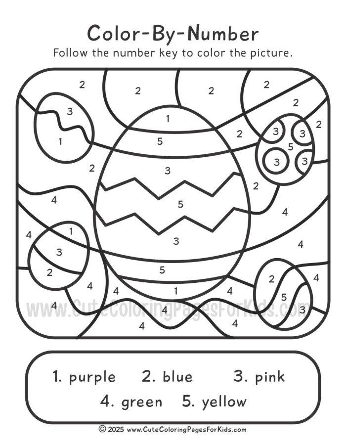 Kindergarten student coloring a geometric Easter egg basket in a color by number activity page