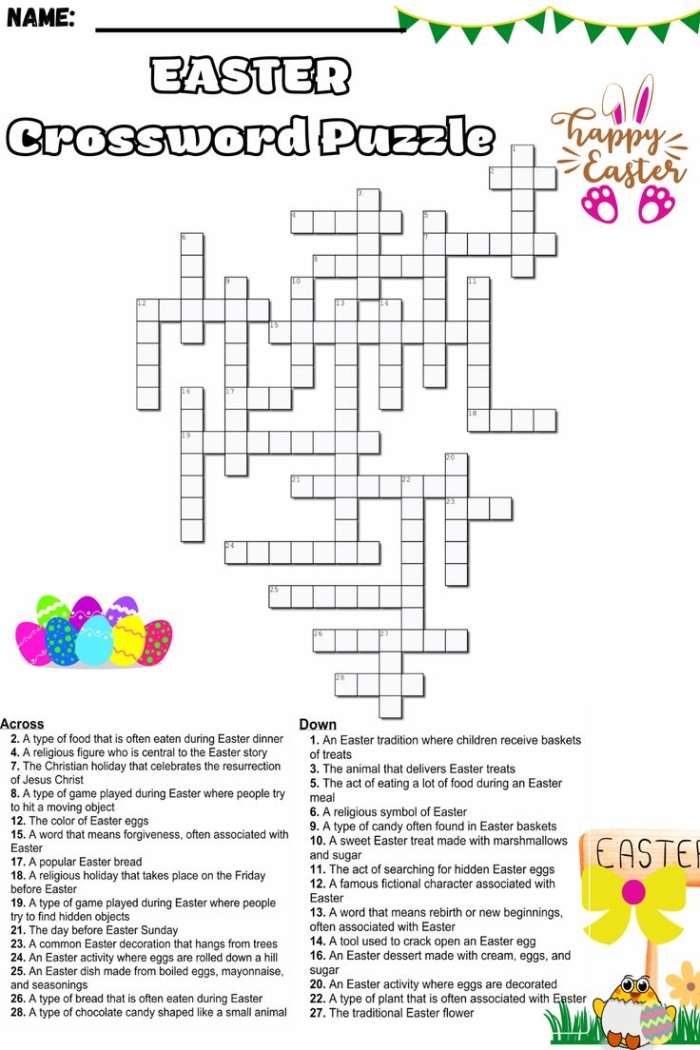 Colorful Easter crossword puzzle worksheet designed for kindergarten students