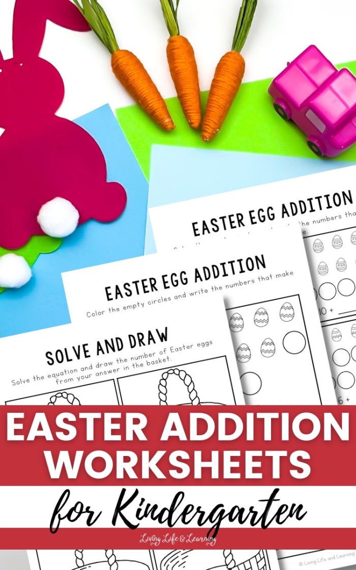First grade student practicing math skills with an Easter addition worksheet featuring hidden colorful eggs in a yard