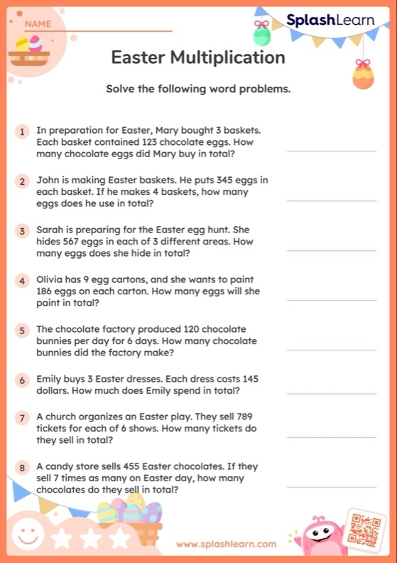 Second grade students practicing addition and subtraction with an Easter themed math word problems worksheet