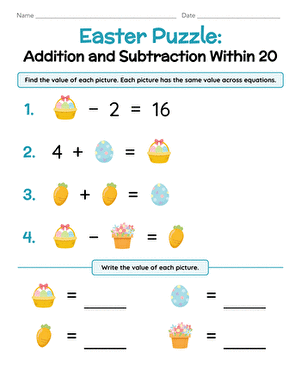 First grade students solving Easter-themed addition and subtraction problems within 20 on a colorful puzzle worksheet