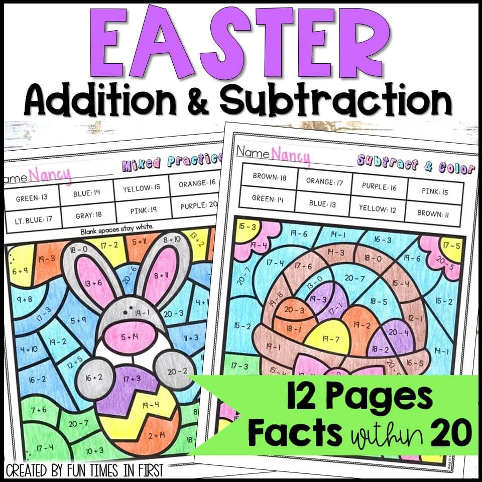 First grade students solving addition and subtraction math equations on an Easter puzzle worksheet