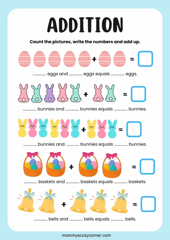 First grade student completing a colorful Easter addition worksheet with hidden egg math problems