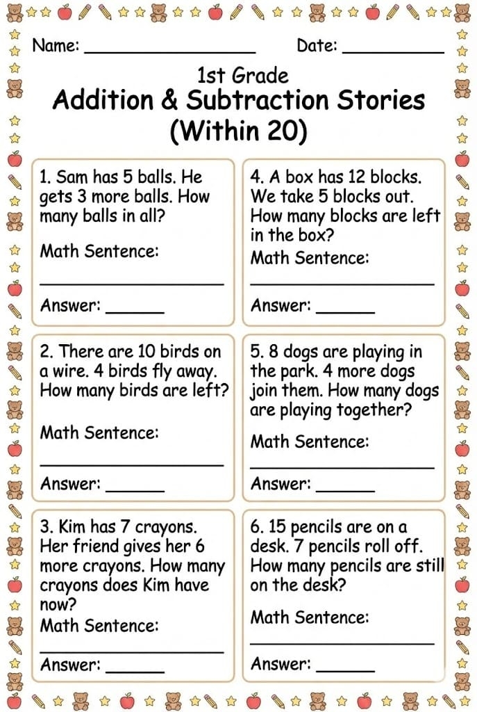 First grade math worksheet featuring seasonal Easter-themed addition and subtraction puzzles up to 20
