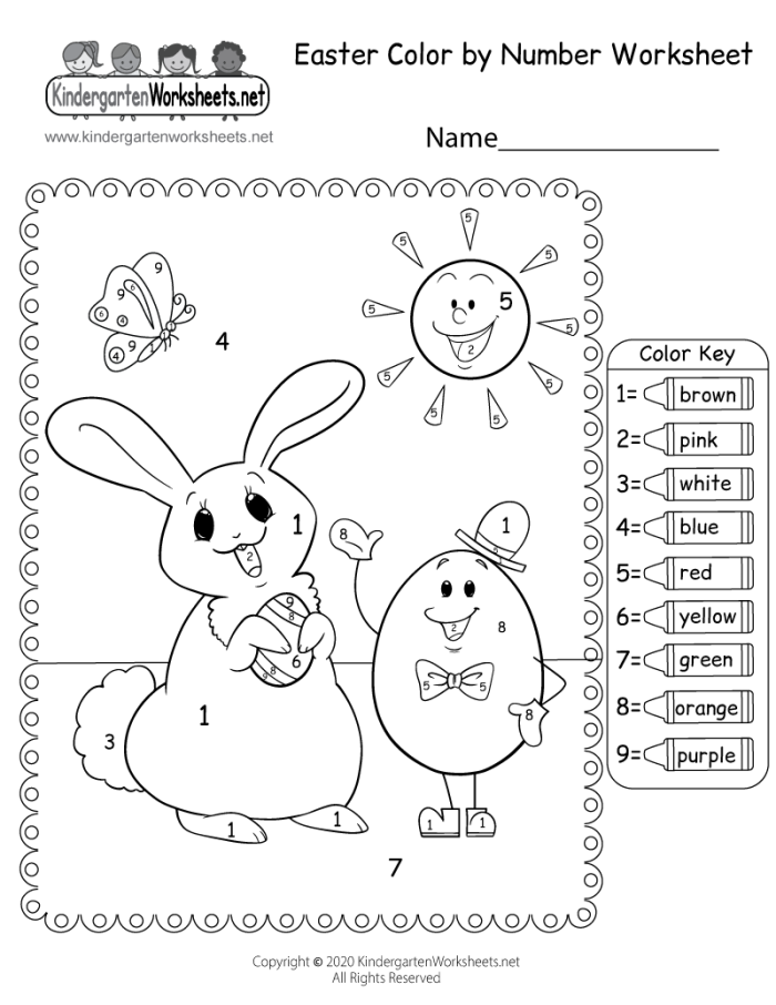 Easter Color By Number Page Worksheet for Kindergarten Kids Kindergarten student coloring an Easter bunny number recognition worksheet