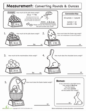 Fourth grade math worksheet featuring Easter themed problems on converting pounds to ounces