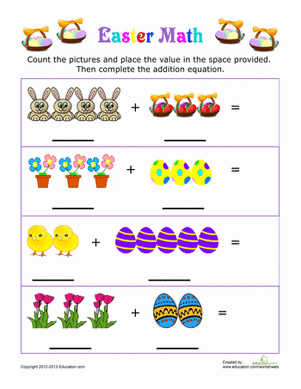 Kindergarten student counting colorful Easter eggs on an addition worksheet featuring a bunny