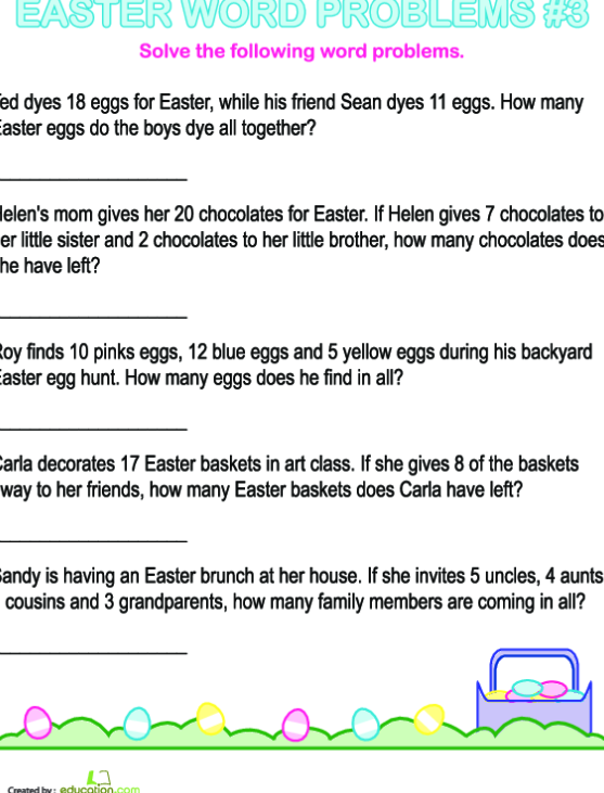 Easter Math Word Problems Worksheet Number 15 Second grade math worksheet featuring colorful Easter themed addition word problems