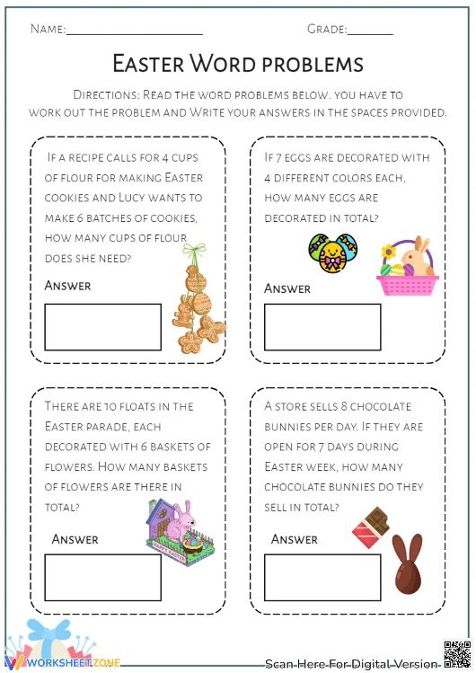 Easter Algebra Word Problems Worksheet 19 for Second Grade Math Practice Second grade student solving Easter themed addition word problems on a printable math worksheet